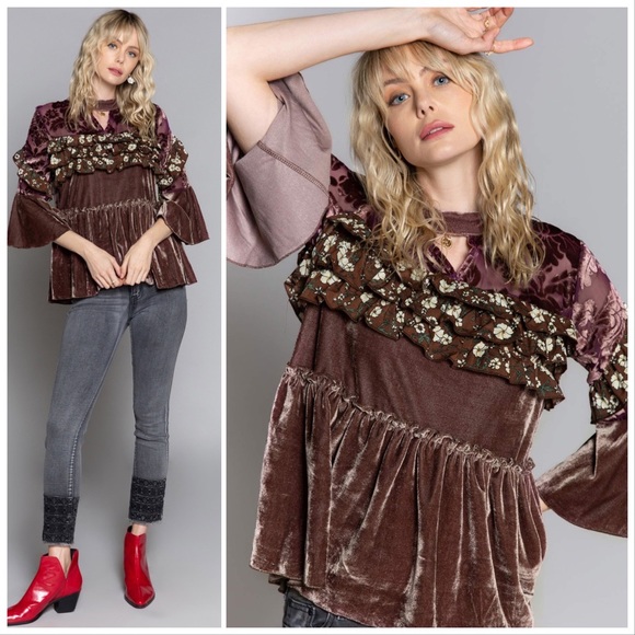 Cocoa Velvet & Bell Sleeves Ruffle Top - Picture 5 of 9